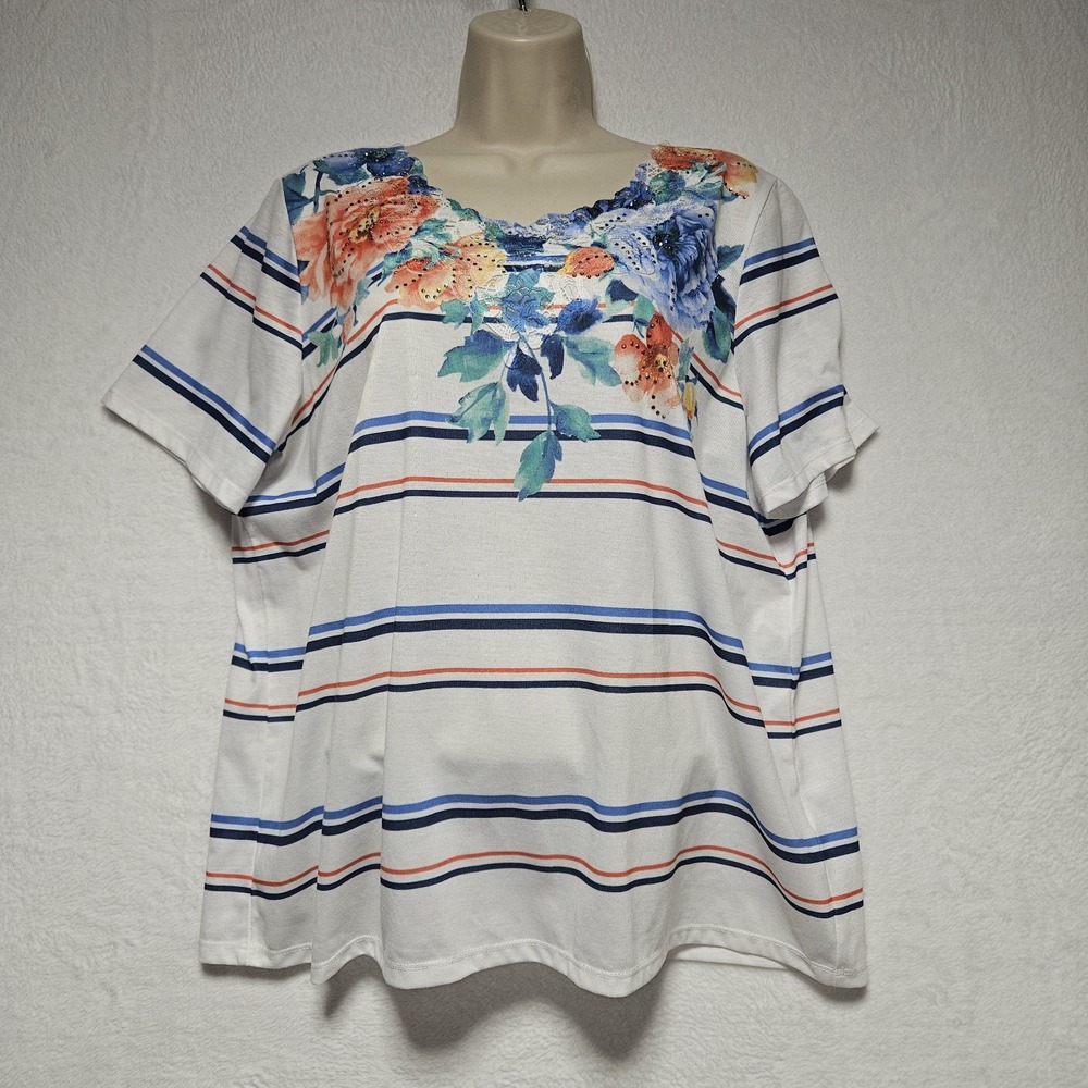 NWOT ALFRED DUNNER Plus Size L top Pullover short Sleeve floral Embellished $58